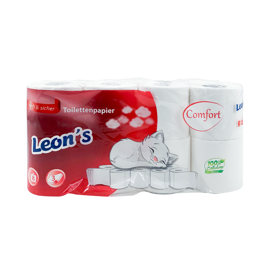 Toilettenpapier, 3-lagig, 250 Blatt, geprägt, reiner Zellstoff, 8 x 8 Rollen = 64 Rollen/Sack, hochweiß, 9,5 x 11 cm