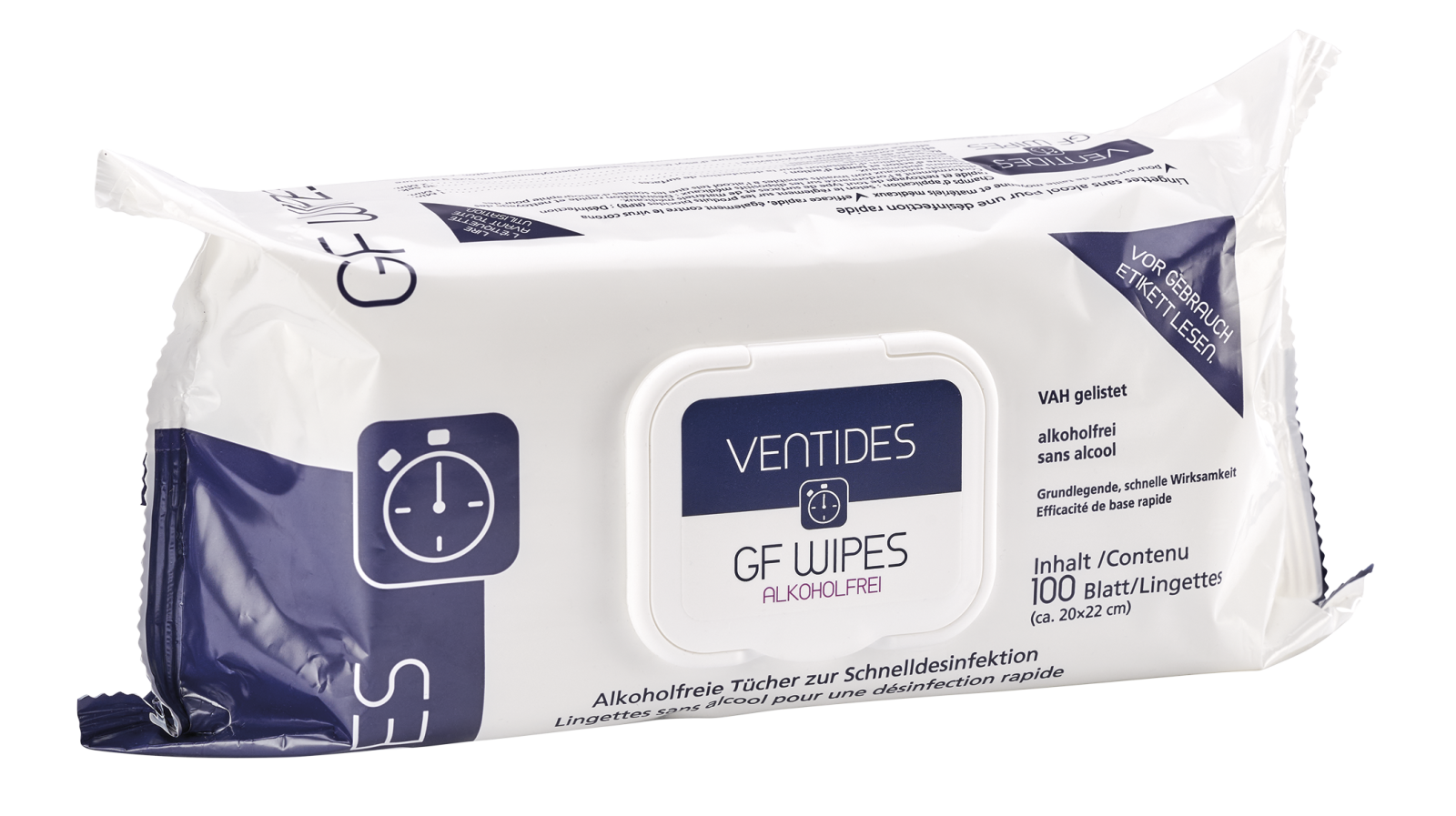 Ventides GF Wipes, alkoholfreie Desinfektionstücher, Ready 2 use, 100 Stück/Flow Pack, 22 x 20 cm