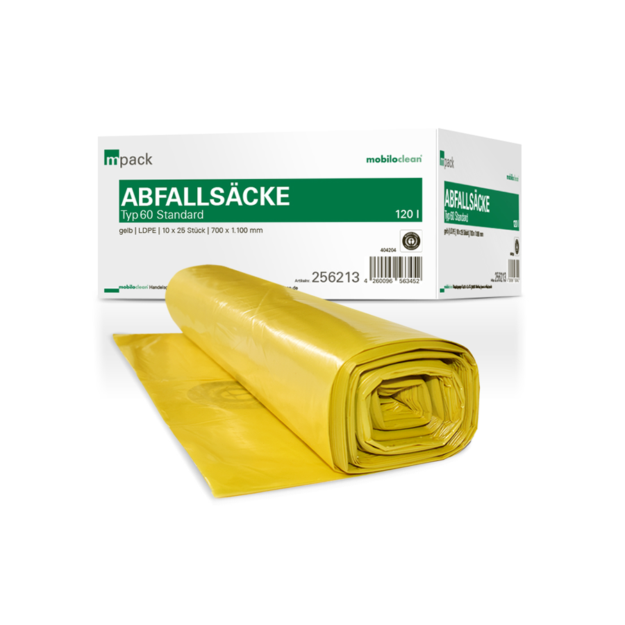 mpack Abfallsäcke 70x110cm, 120L, gelb, LDPE, Typ60, 36my, 10 Rollen x 25 Stück/Karton