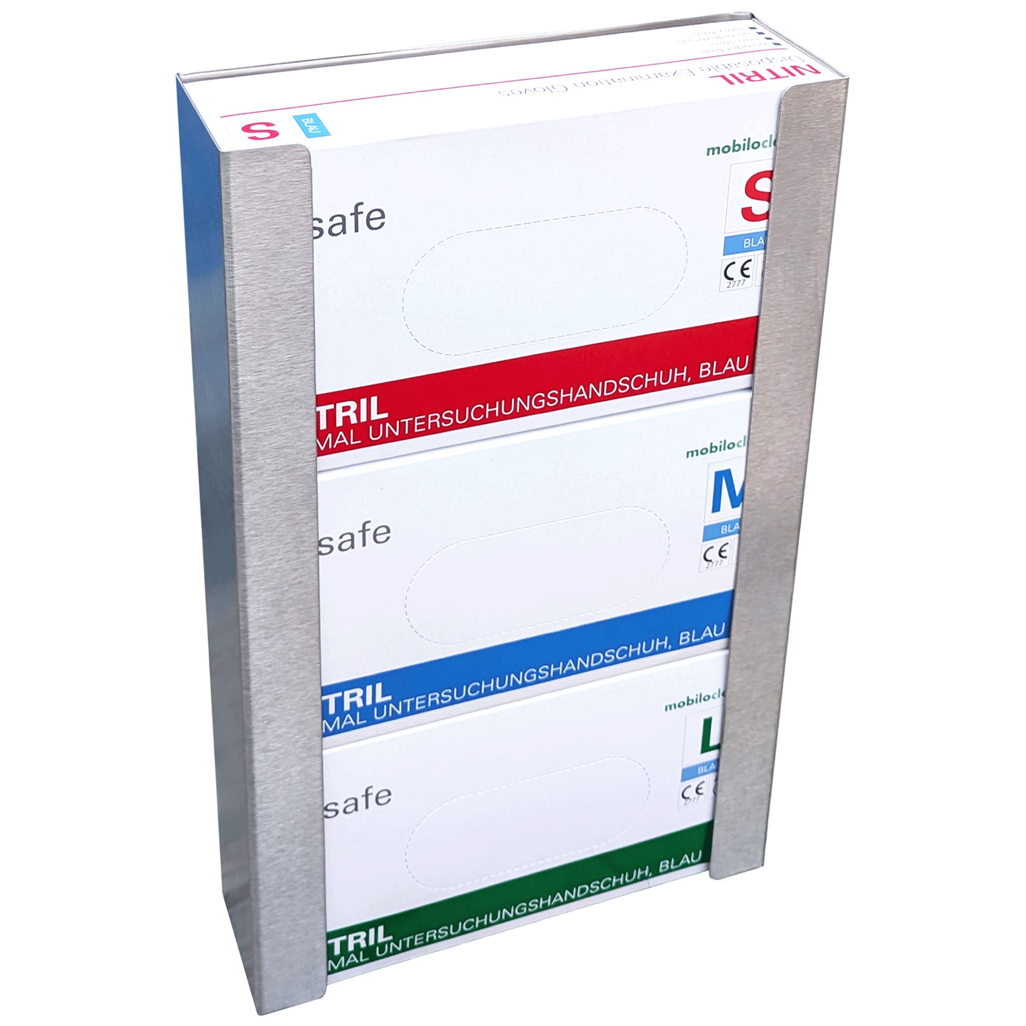 msafe Handschuhspender 3-fach aus Edelstahl 0,8 mm, (HxTxB) 336 x 64 x 200mm