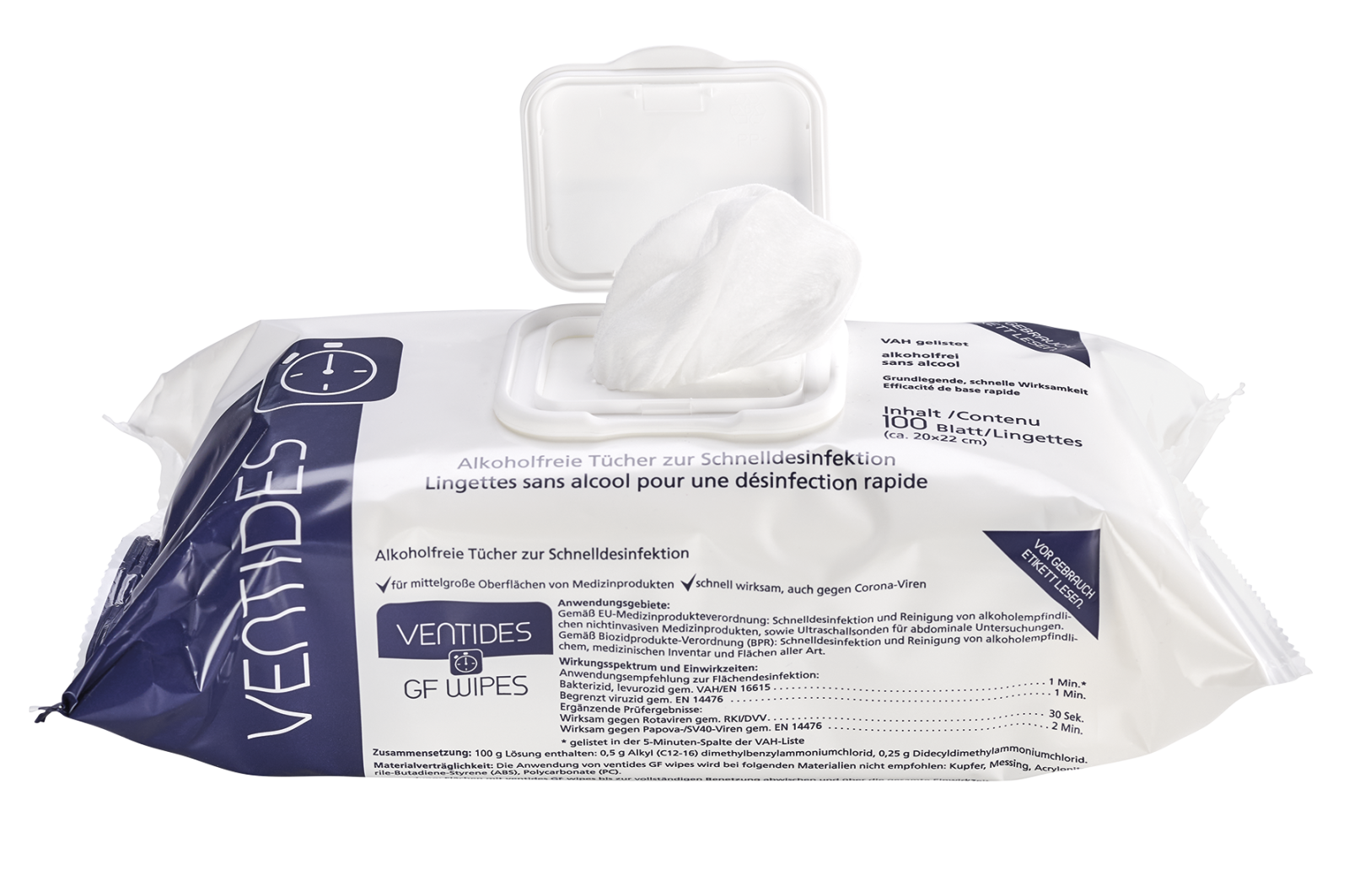 Ventides GF Wipes, alkoholfreie Desinfektionstücher, Ready 2 use, 100 Stück/Flow Pack, 22 x 20 cm