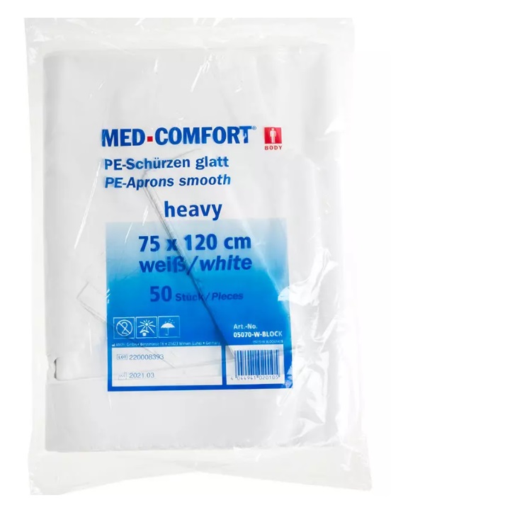 Med-Comfort PE-Einwegschürzen, geblockt, 55my, heavy, weiß, 50 Stück/Packung, 75 x 120 cm  
