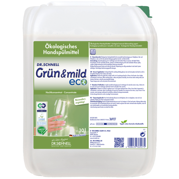 Dr. Schnell Grün & Mild Eco, Ökologisches Handspülmittel, 10 Liter Kanister