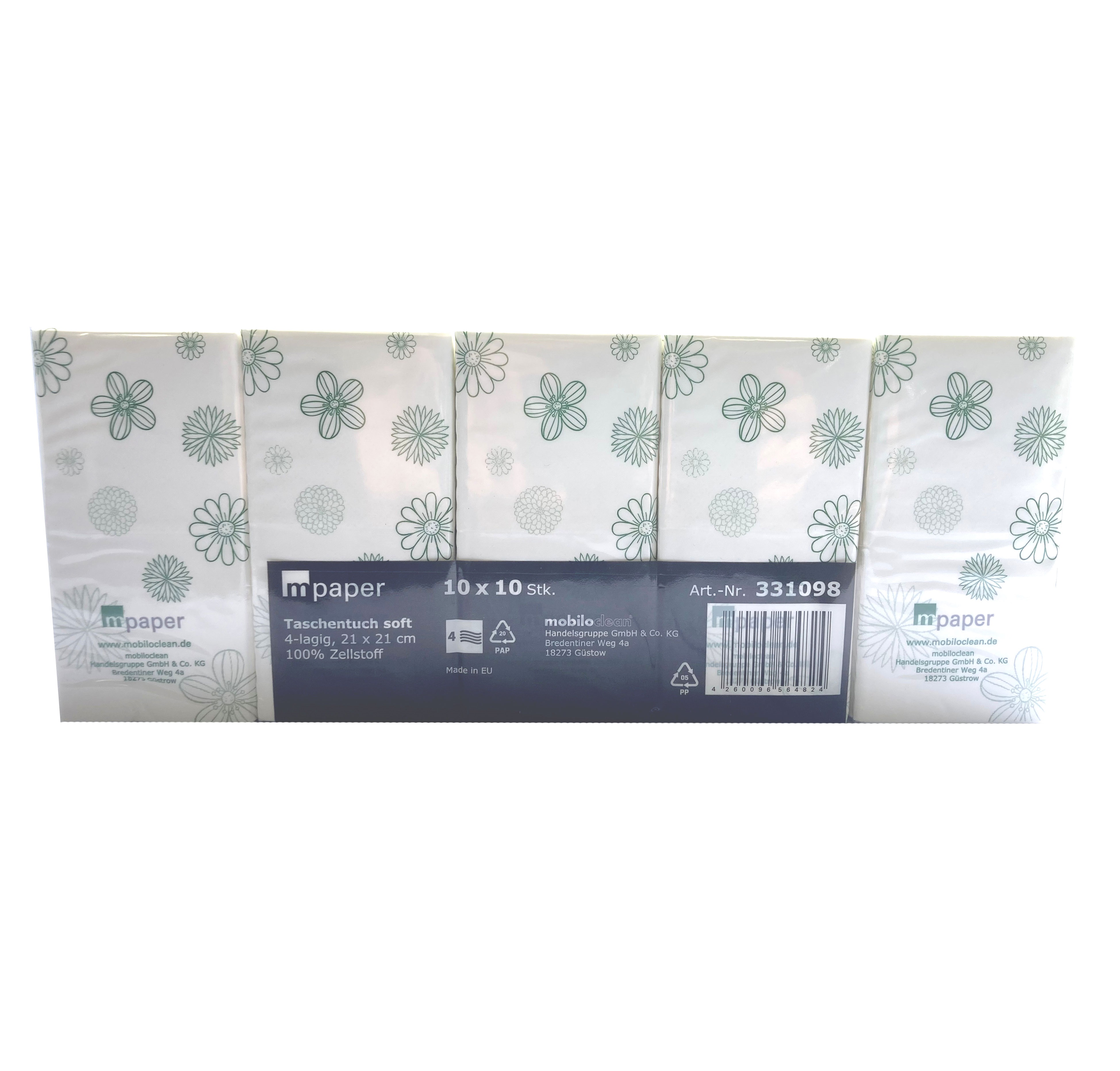 mpaper Taschentücher, 4-lagig, weiß, Tissue, 100 % Zellstoff, 21 x 21 cm Blatt, 10x10x24=2400 Stück/Karton