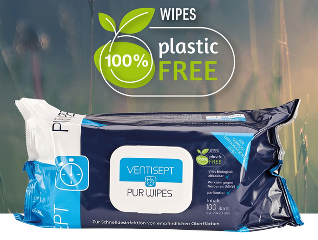 Ventisept Pur Wipes Desinfektionstücher, Ready 2 use, 100% plastikfreie Tücher, 20 x 20 cm, 100 Stück/Packung