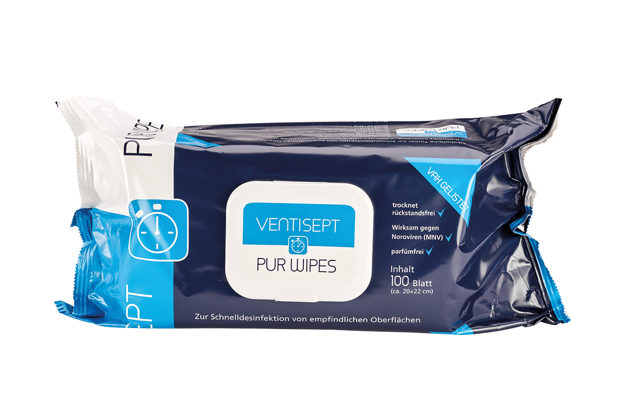 Ventisept Pur Wipes Desinfektionstücher, Ready 2 use, 100% plastikfreie Tücher, 20 x 20 cm, 100 Stück/Packung