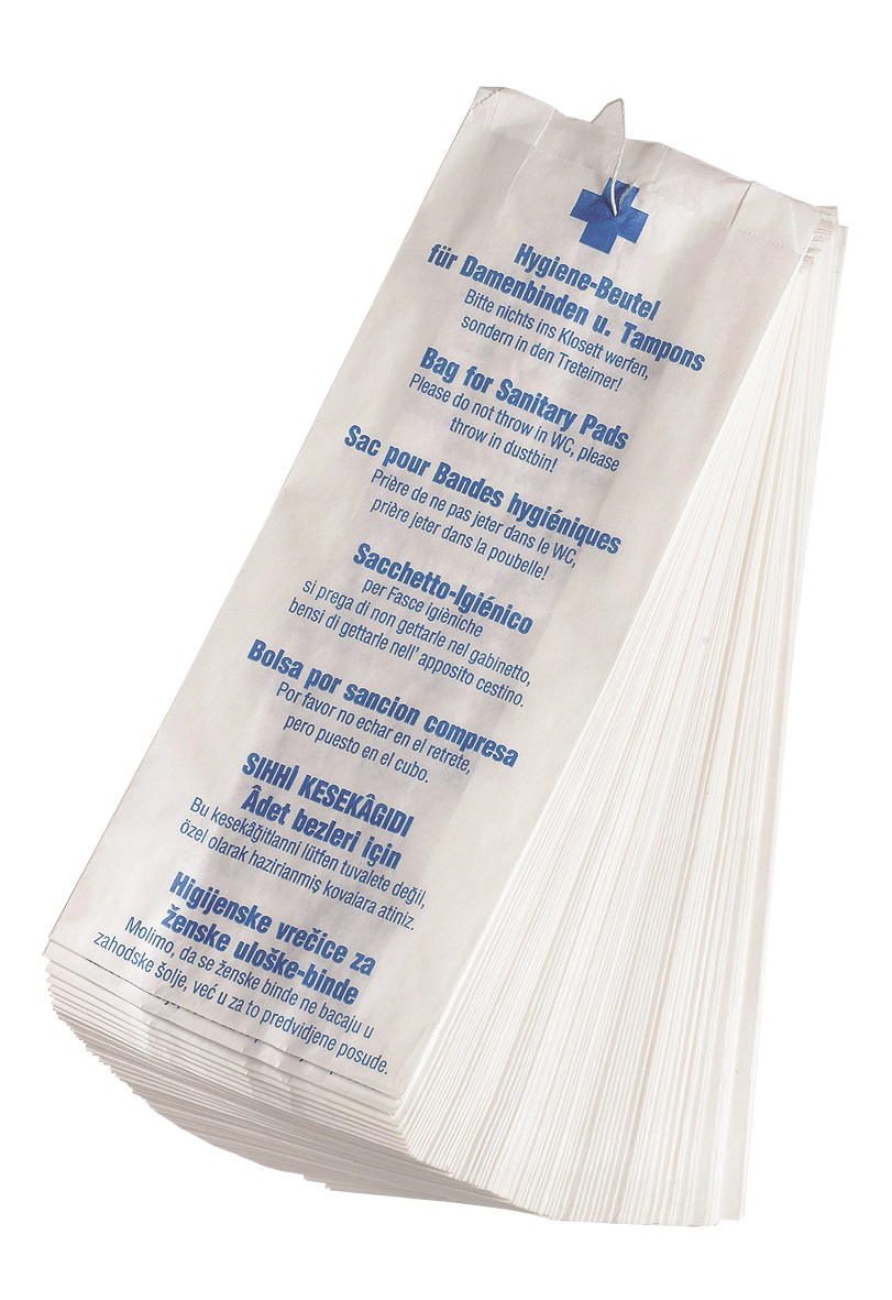 Hygienebeutel aus Papier, mehrsprachig beschriftet, 1000 Stück/Karton, weiß, 12 x 6 x 29 cm