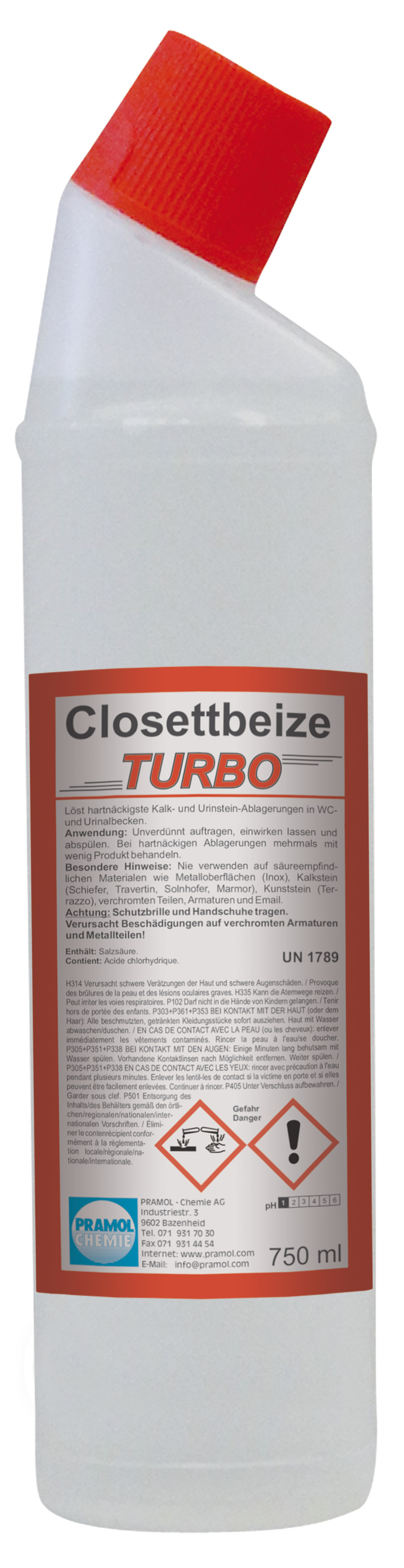 Pramol Closettbeize Turbo, WC-Grundreiniger, Schräghalsflasche, klar, 750 ml