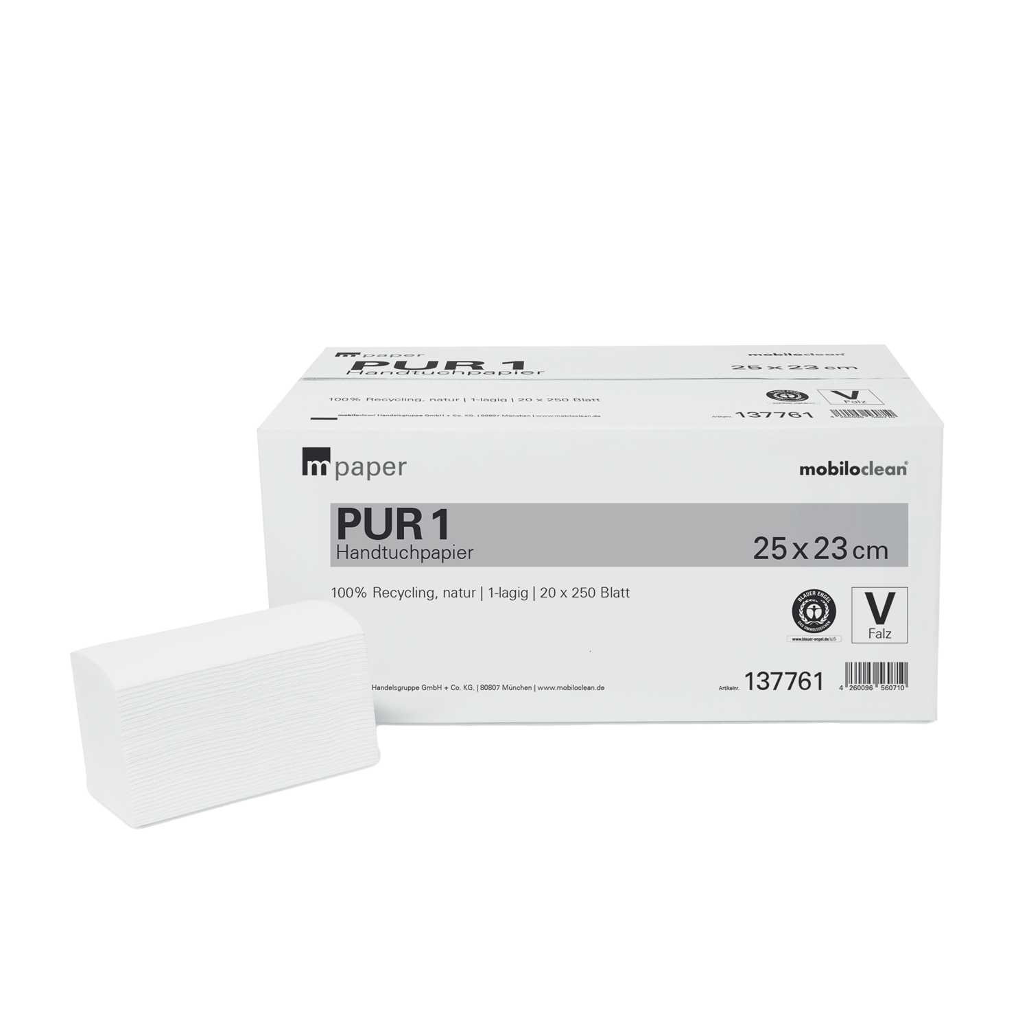 mpaper Papierhandtücher PUR 1, 1-lagig, V-Falz, 25 x 23 cm, 20x250 (5.000) Blatt/Karton
