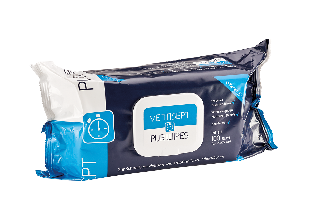 Ventisept Pur Wipes Desinfektionstücher, Ready 2 use, 100% plastikfreie Tücher, 20 x 20 cm, 100 Stück/Packung