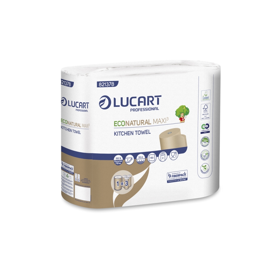 Lucart Prof. EcoNatural Maxi³ Küchenrolle, 2-lagig Fiberpack, 22,8 x 22 cm, 150 Blatt/Rolle, 30 Rollen/Sack