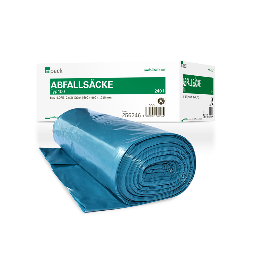 mpack Abfallsäcke 65+55x135cm, LDPE, 240 Liter, blau, Typ100, 80my, 50 Stück (lose)/Karton