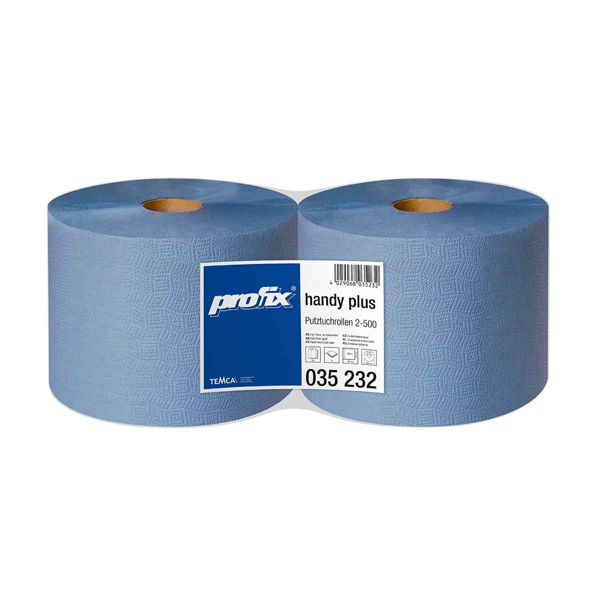 Putztuchrolle profix® handy plus, blau, 2- lagig, 22 x 36 cm (B x H), lagenverleimt, 500 Abrisse, geprägt, 2 Rollen/Sack