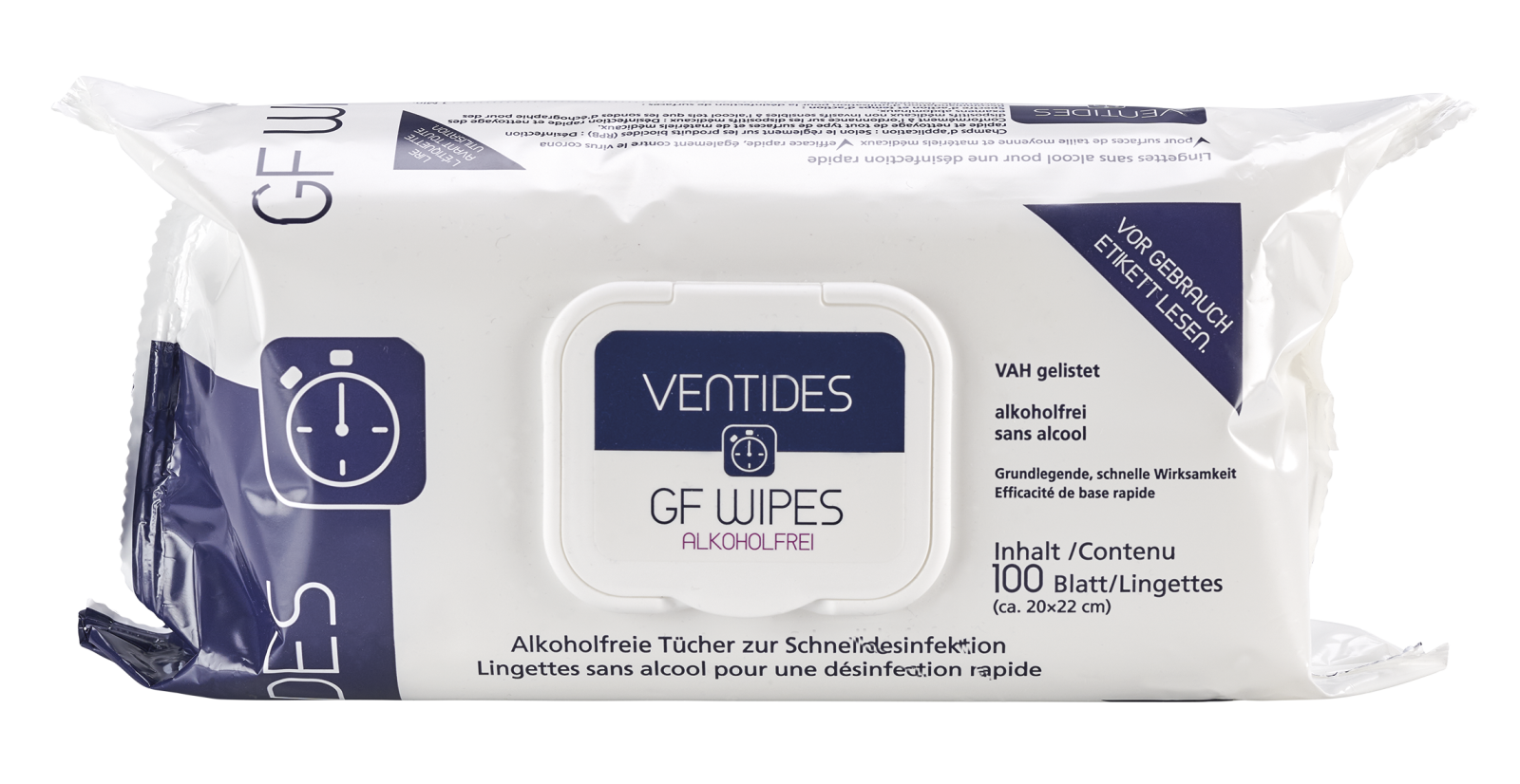 Ventides GF Wipes, alkoholfreie Desinfektionstücher, Ready 2 use, 100 Stück/Flow Pack, 22 x 20 cm