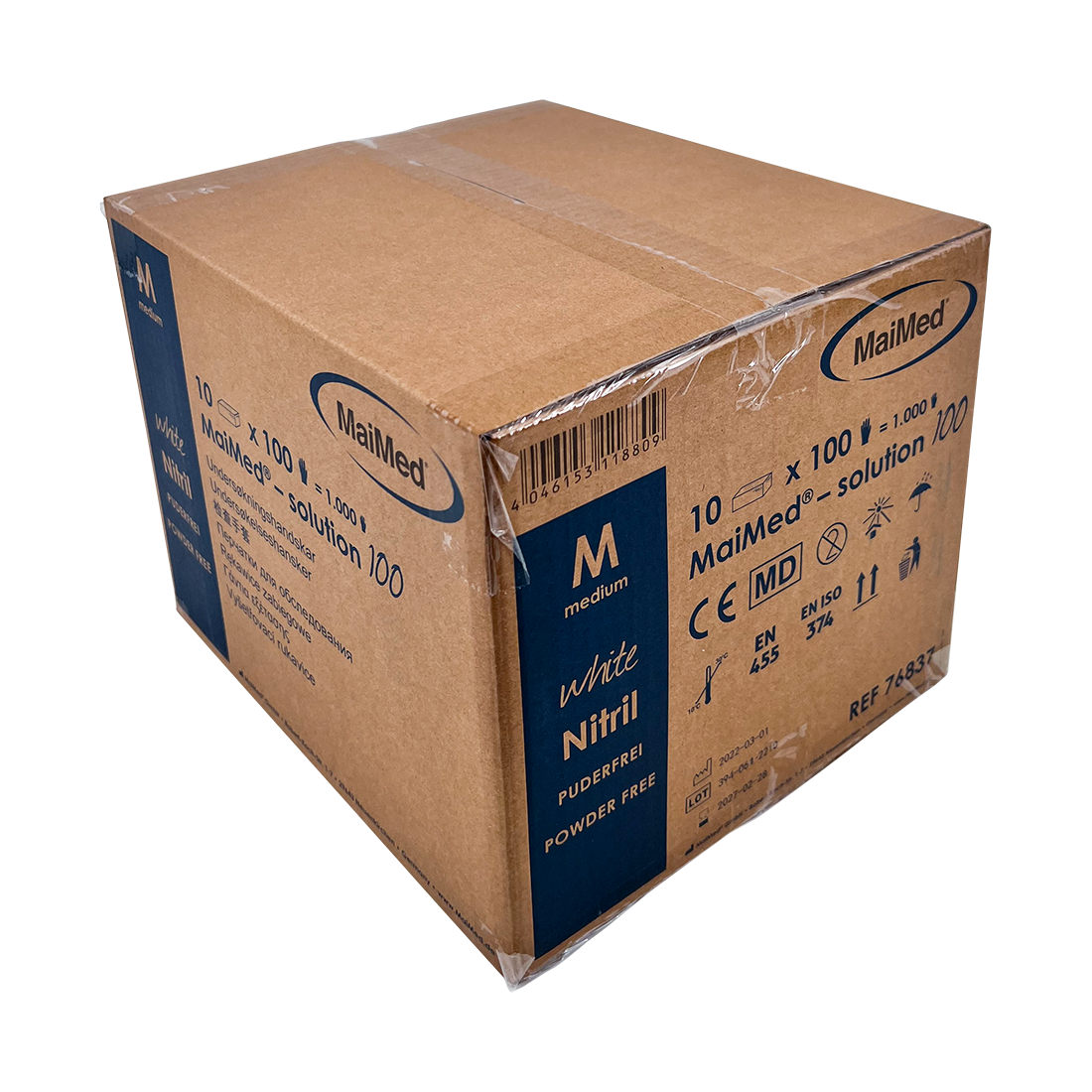 MaiMed – solution 100 white Nitril Handschuh Größe M, 10 x 100 Stück, puderfrei, weiß, Gr. M