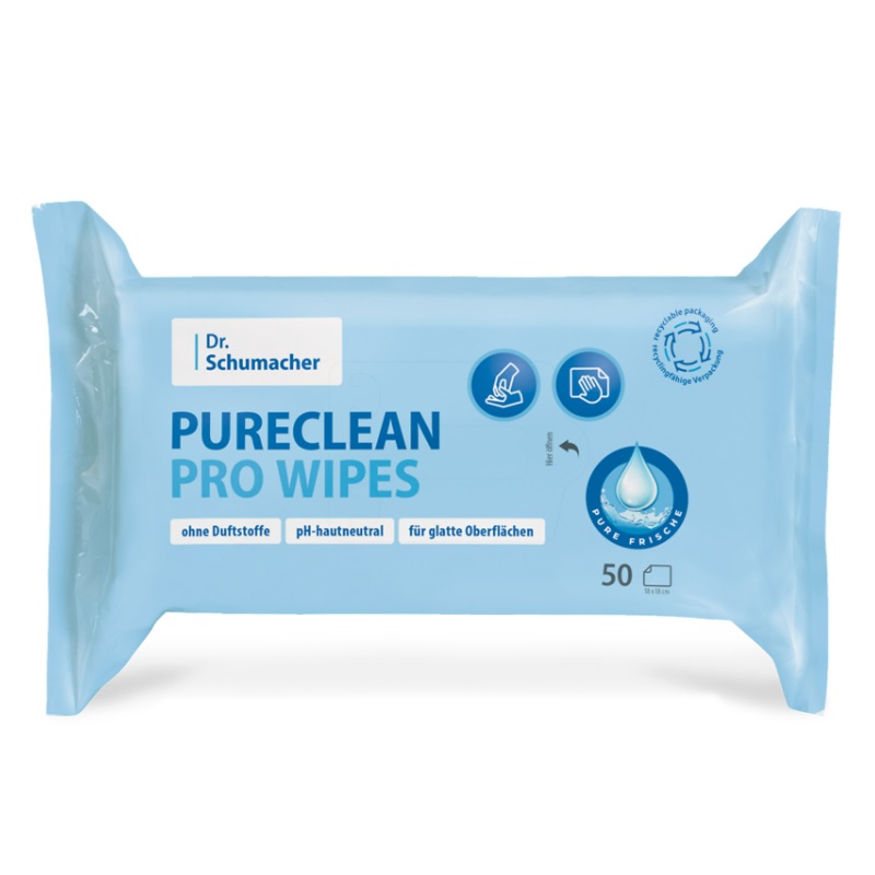 Pureclean Pro Wipes, Haut- und Flächenreinigungstücher, 50 Blatt/Packung, 18x18cm, 8 Packungen/Karton