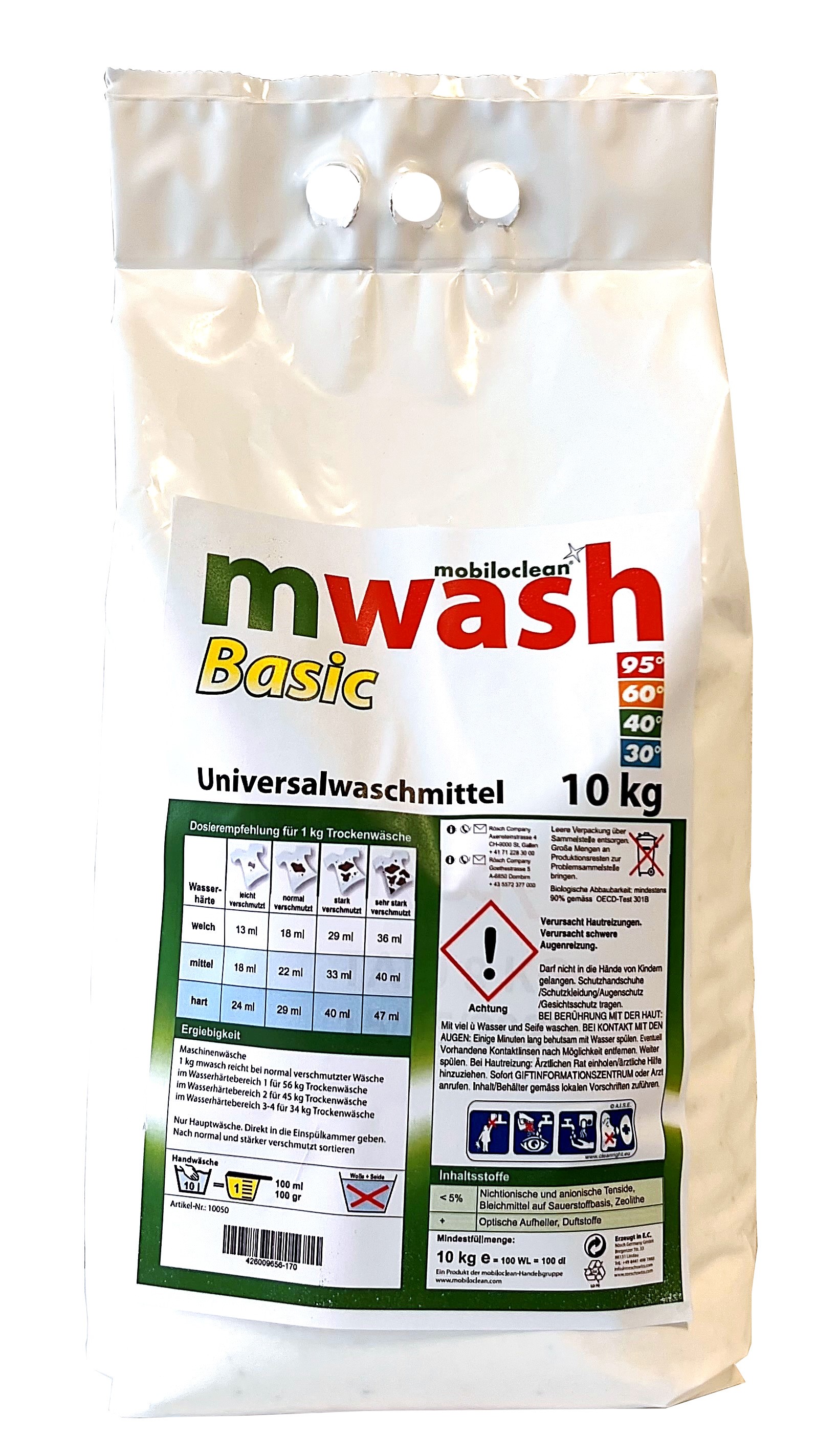 mwash Basic Vollwaschmittel, phosphatfrei, weiß, 10 kg Sack mit Tragegriff